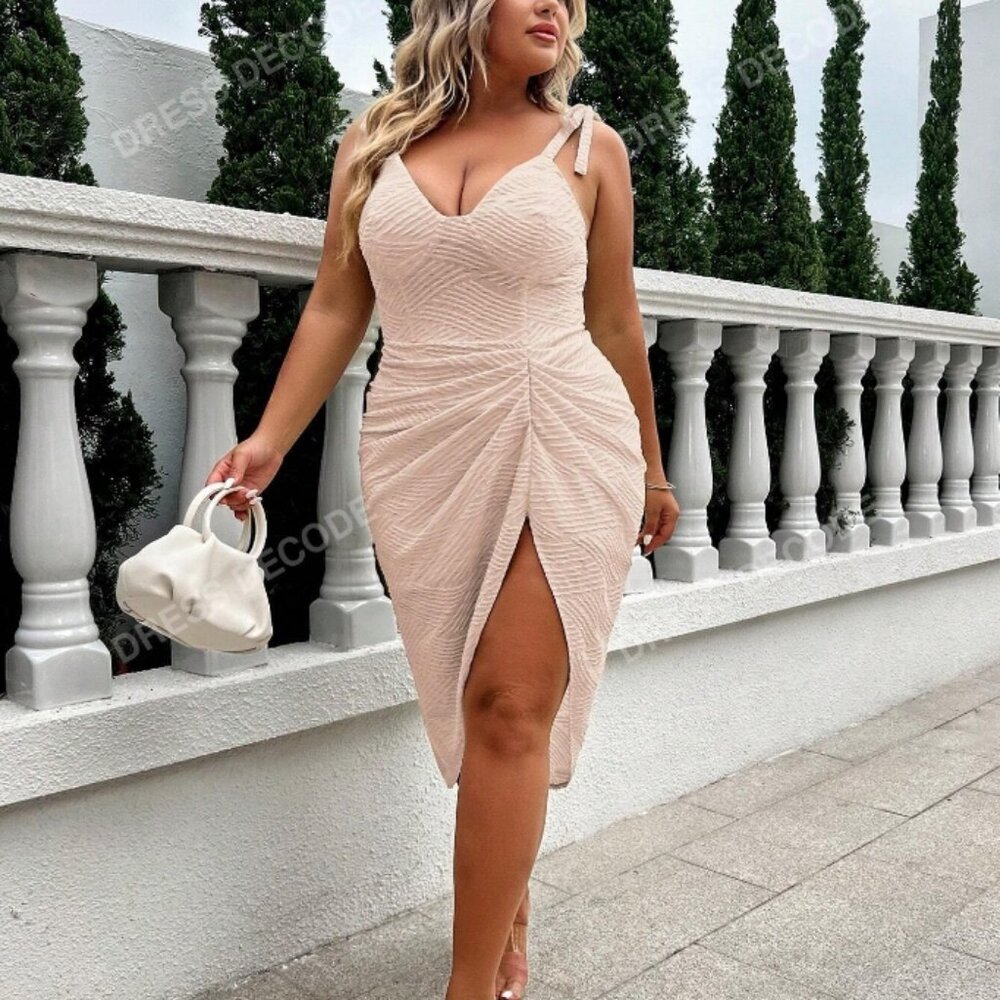 GLAM Plus Tie Shoulder Ruched Split Thigh R Cami Dres